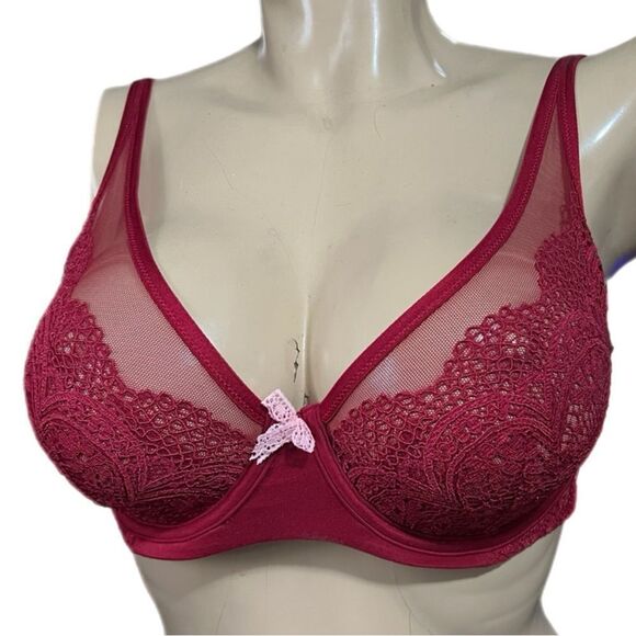 Victorias Secret Body Unlined Demi Crochet Lace / mesh detail bra Ruby Red 32DDD - Picture 2 of 7